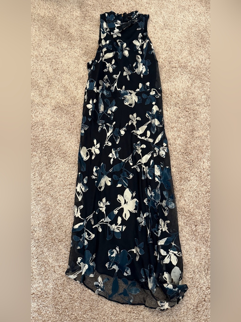 Donna Karan Black Floral Maxi Dress with White and Blue Print